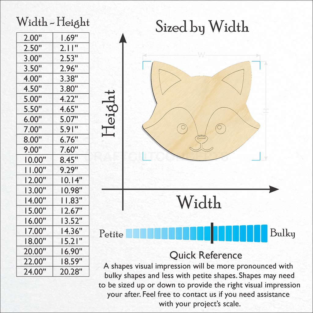 Sizes available for a laser cut Cute Fox Face craft blank