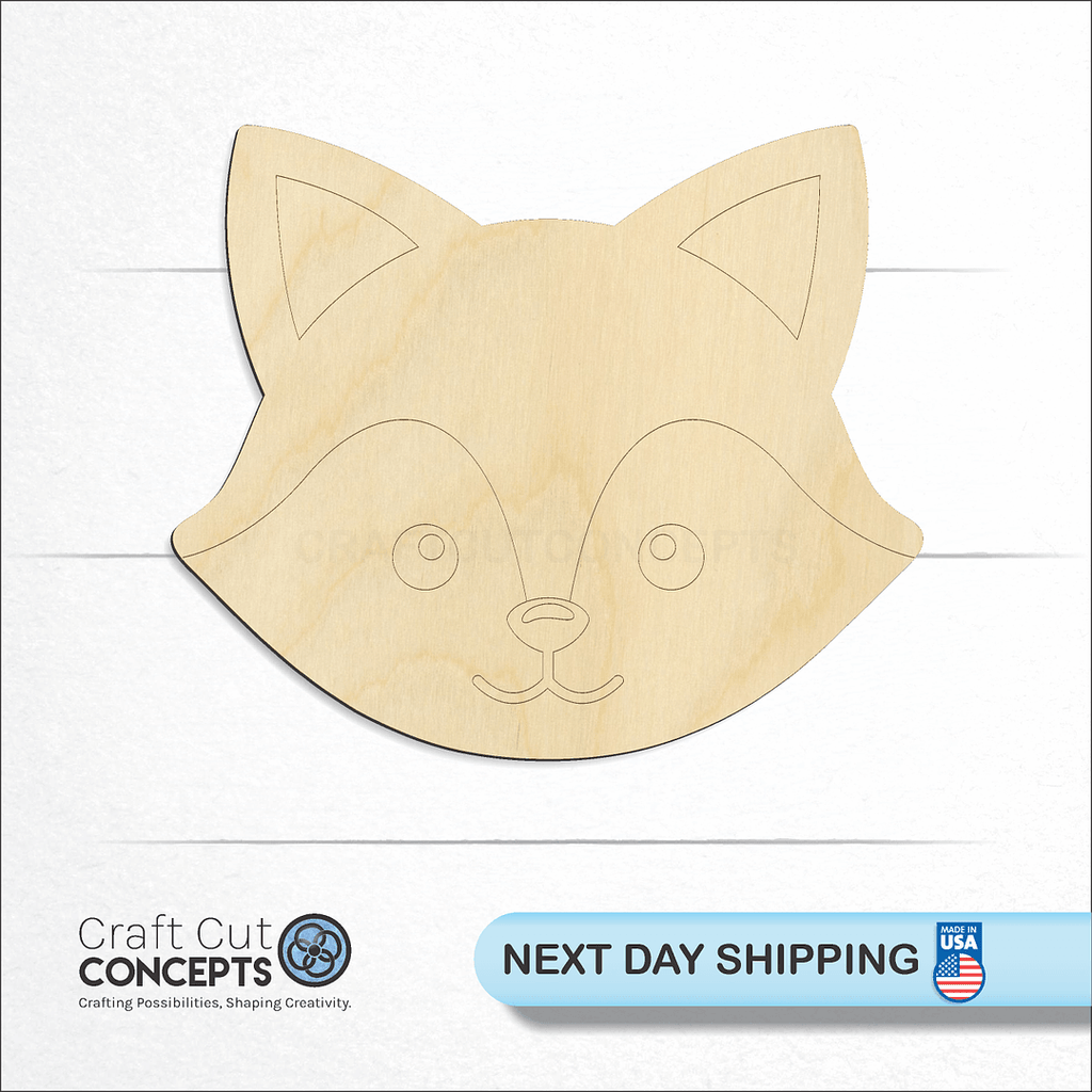 Craft Cut Concepts logo and next day shipping banner with an unfinished wood Cute Fox Face craft shape and blank