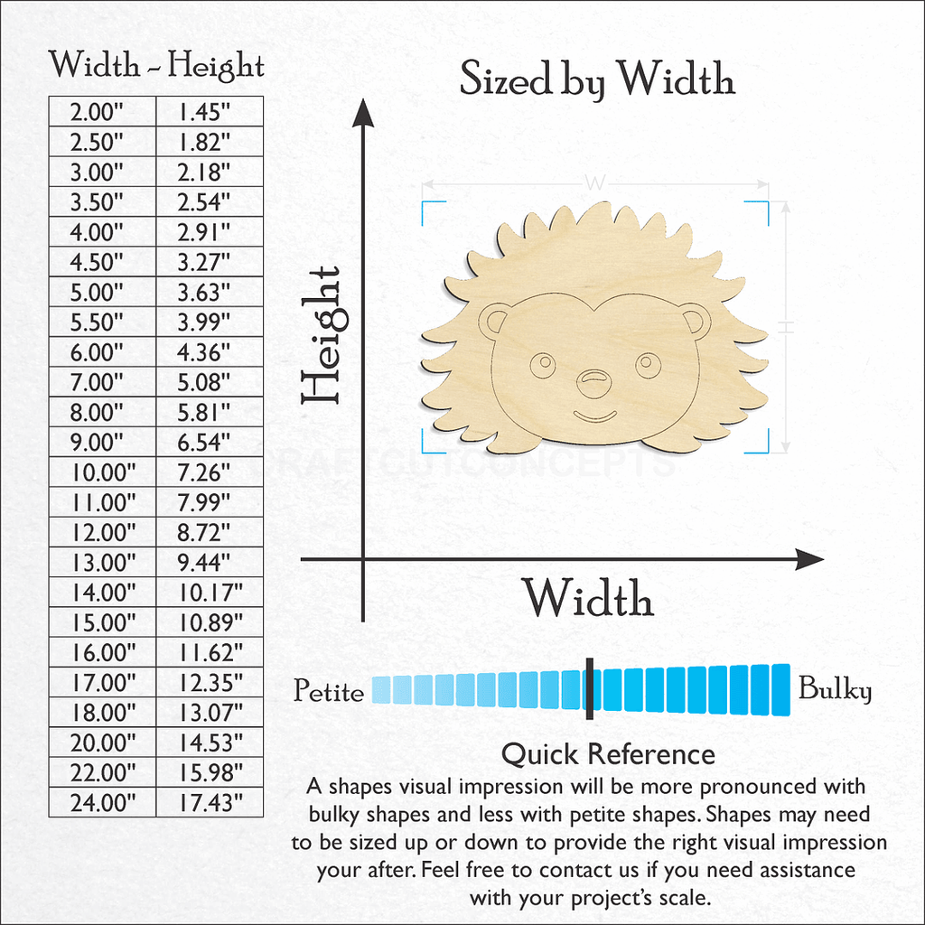 Sizes available for a laser cut Cute Hedgehog Face craft blank