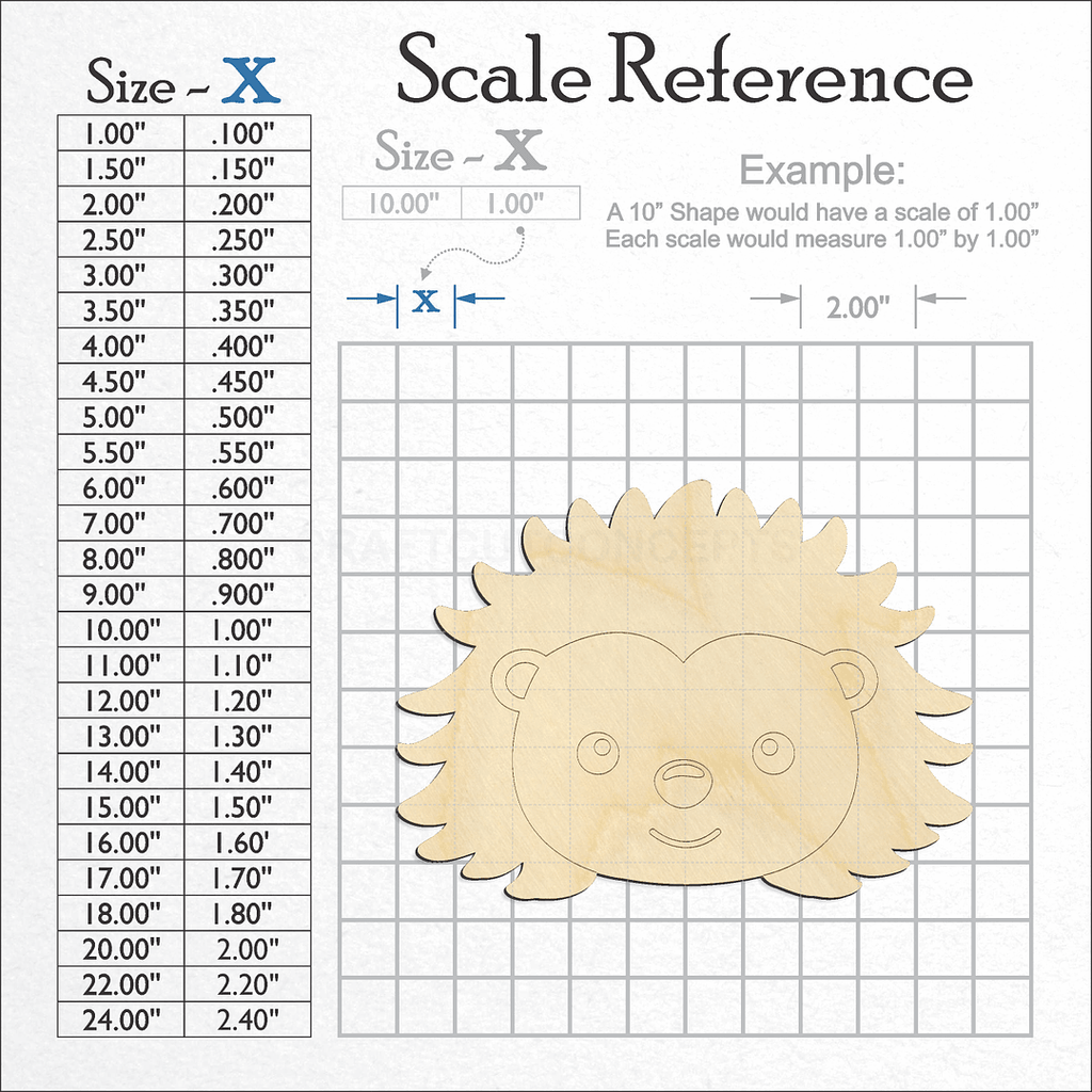 A scale and graph image showing a wood Cute Hedgehog Face craft blank