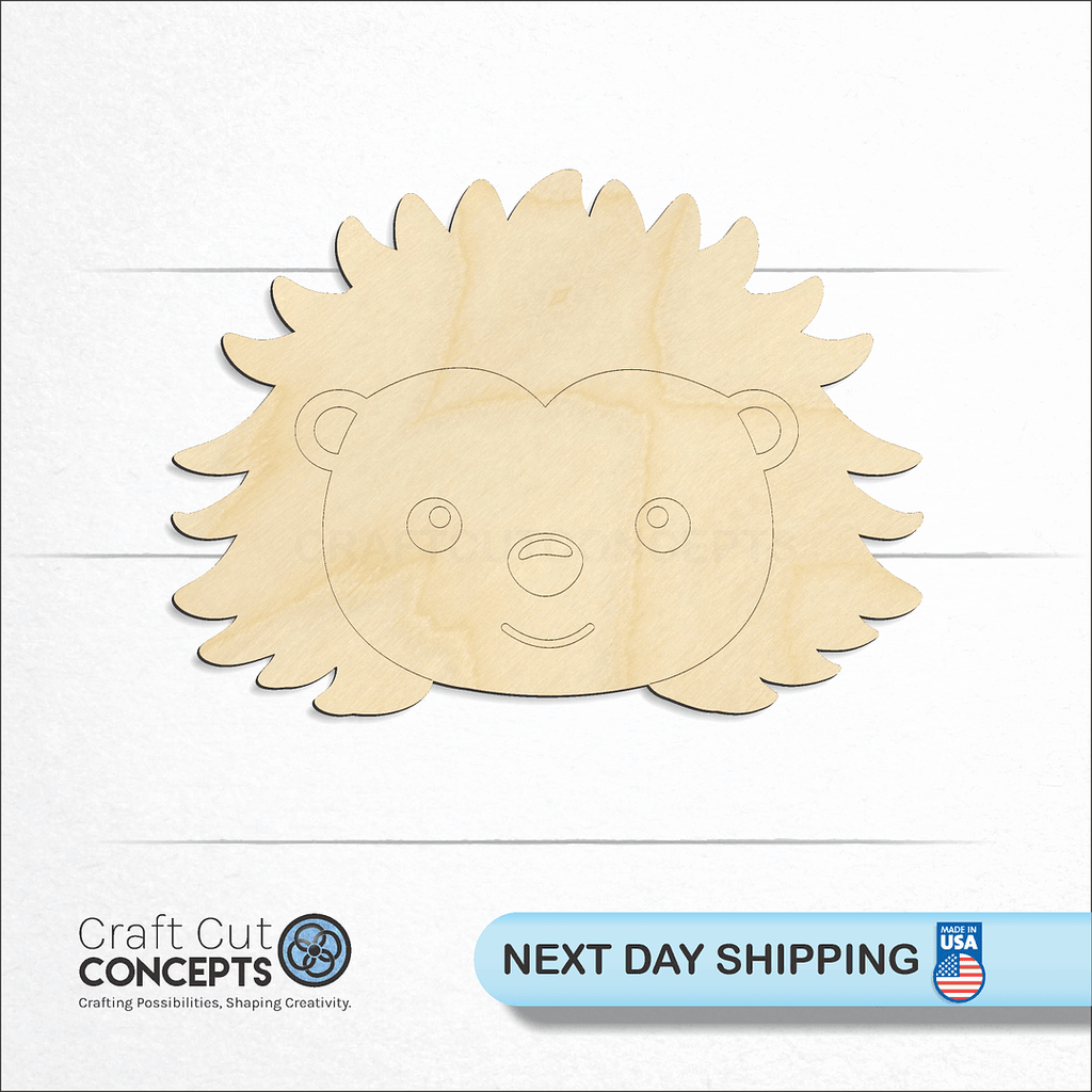 Craft Cut Concepts logo and next day shipping banner with an unfinished wood Cute Hedgehog Face craft shape and blank