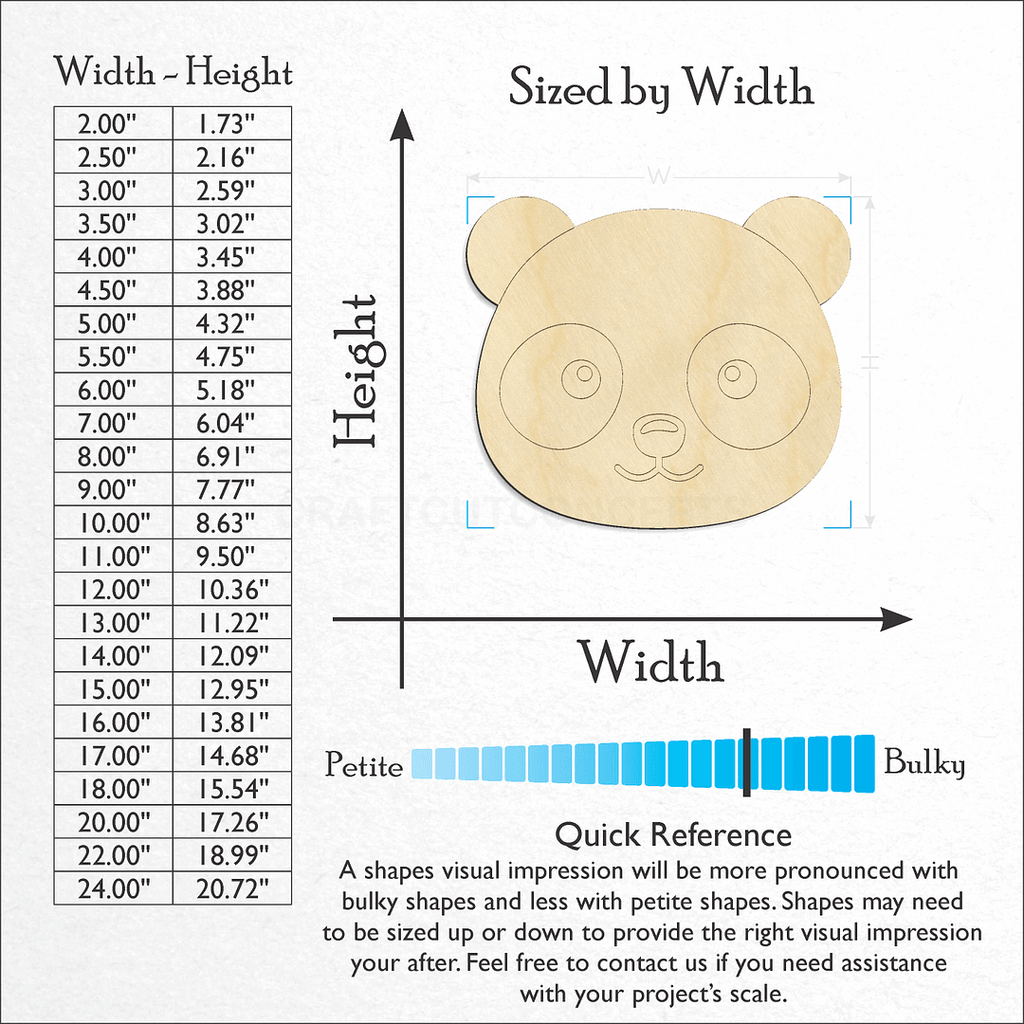 Sizes available for a laser cut Cute Panda Face craft blank