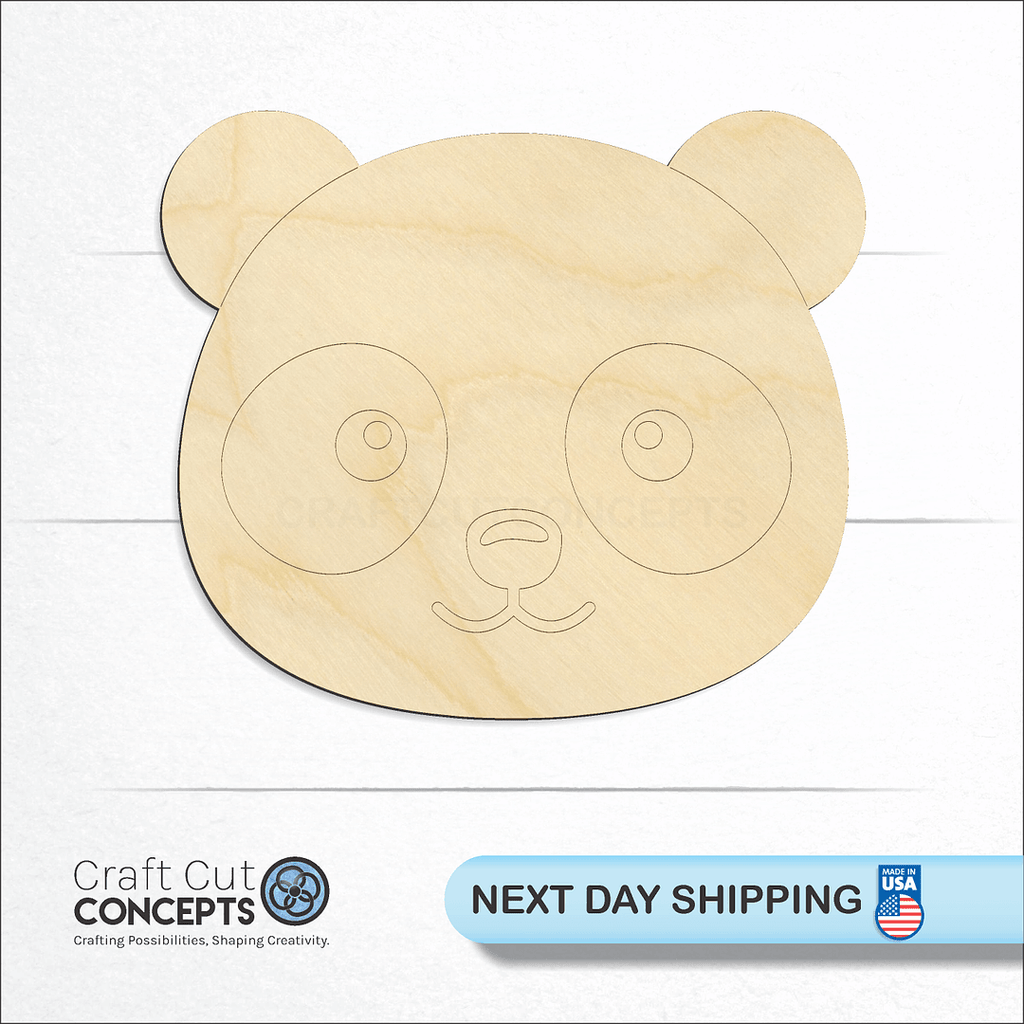 Craft Cut Concepts logo and next day shipping banner with an unfinished wood Cute Panda Face craft shape and blank