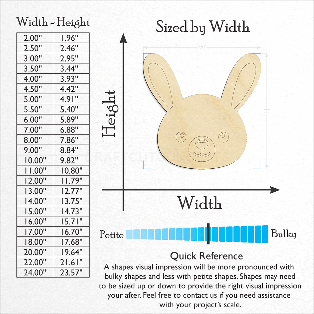 Sizes available for a laser cut Cute Rabit Face craft blank