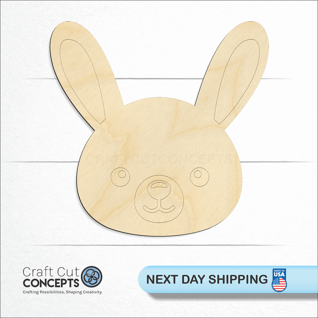 Craft Cut Concepts logo and next day shipping banner with an unfinished wood Cute Rabit Face craft shape and blank