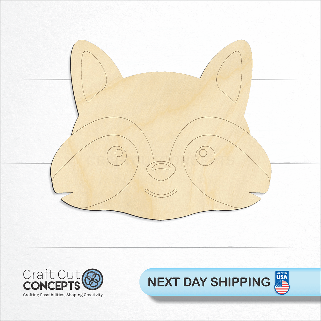 Craft Cut Concepts logo and next day shipping banner with an unfinished wood Cute Raccoon Face craft shape and blank