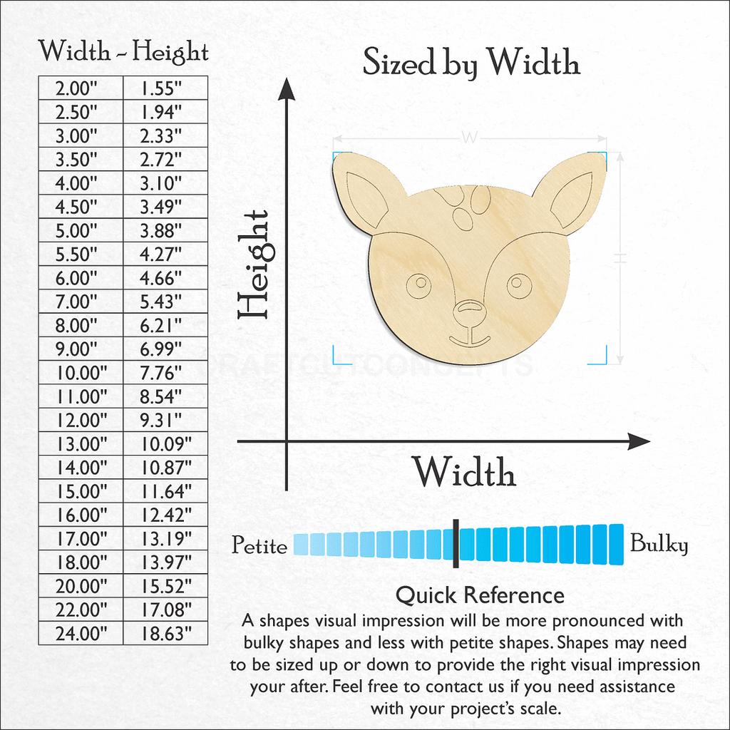 Sizes available for a laser cut Cute Deer Face craft blank