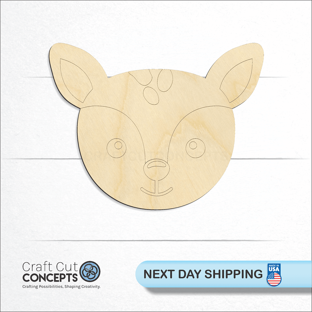 Craft Cut Concepts logo and next day shipping banner with an unfinished wood Cute Deer Face craft shape and blank