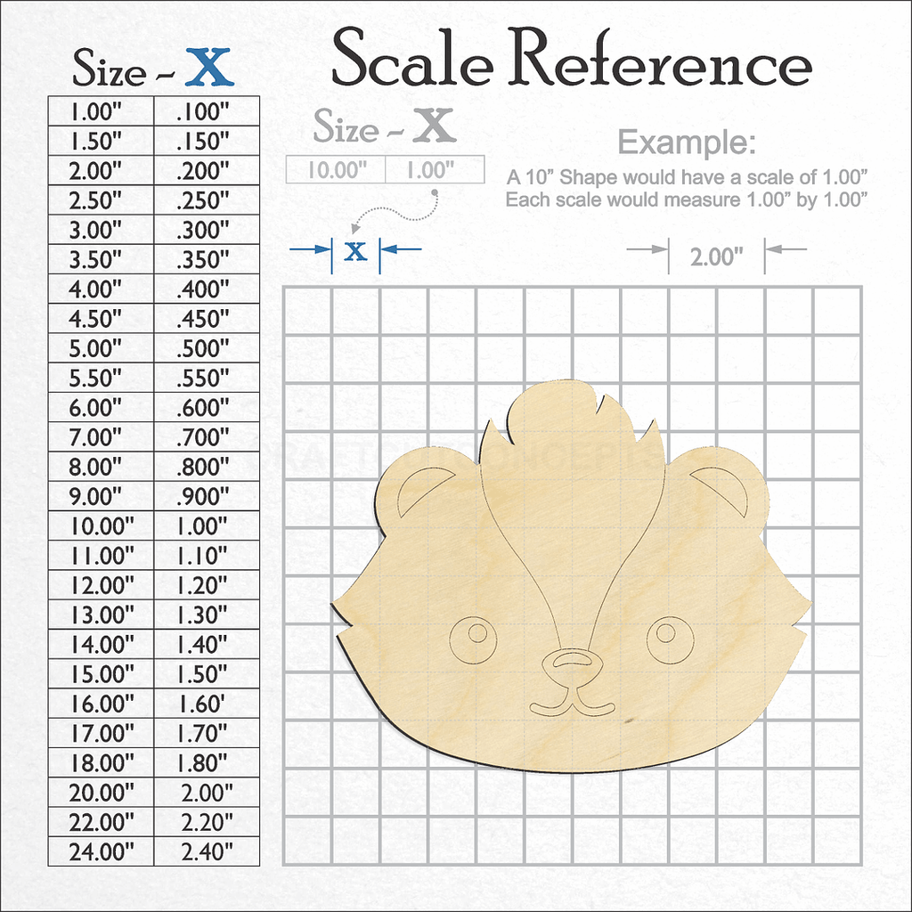 A scale and graph image showing a wood Cute Skunk Face craft blank