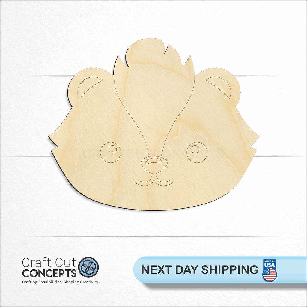 Craft Cut Concepts logo and next day shipping banner with an unfinished wood Cute Skunk Face craft shape and blank