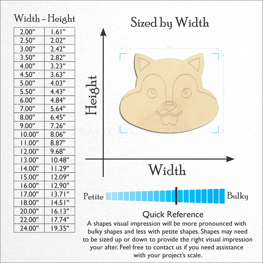 Sizes available for a laser cut Cute Squirrel Face craft blank