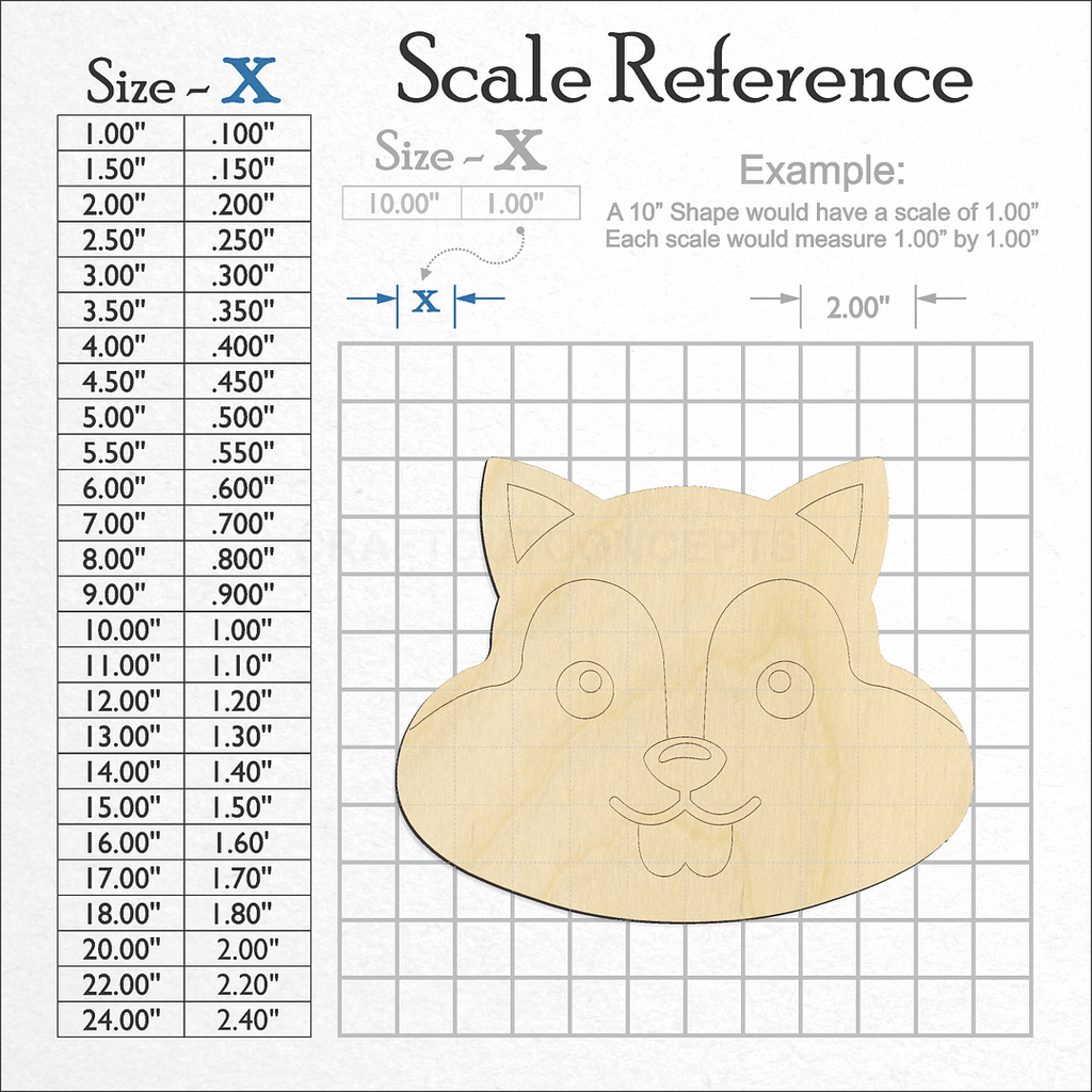 A scale and graph image showing a wood Cute Squirrel Face craft blank