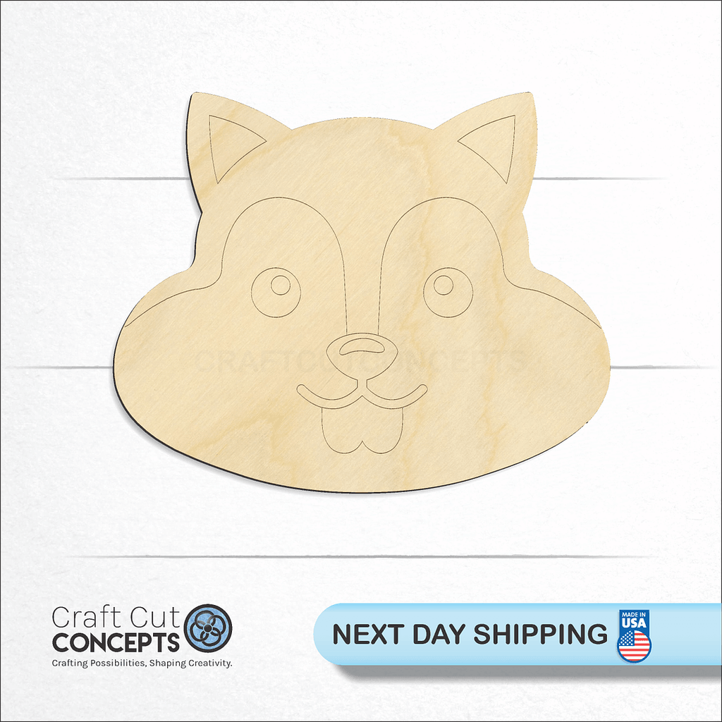 Craft Cut Concepts logo and next day shipping banner with an unfinished wood Cute Squirrel Face craft shape and blank