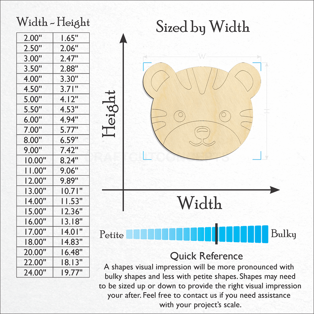 Sizes available for a laser cut Cute Tiger Face craft blank