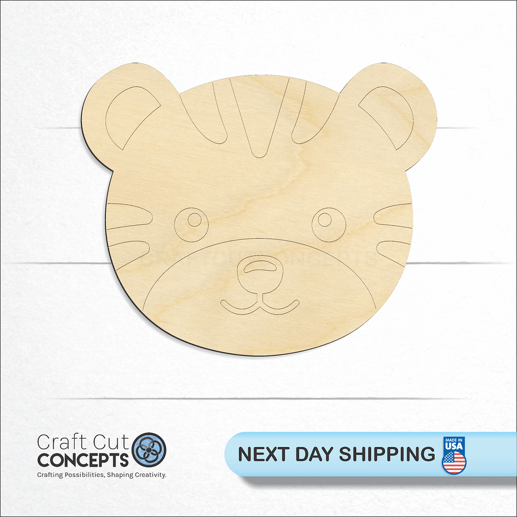 Craft Cut Concepts logo and next day shipping banner with an unfinished wood Cute Tiger Face craft shape and blank