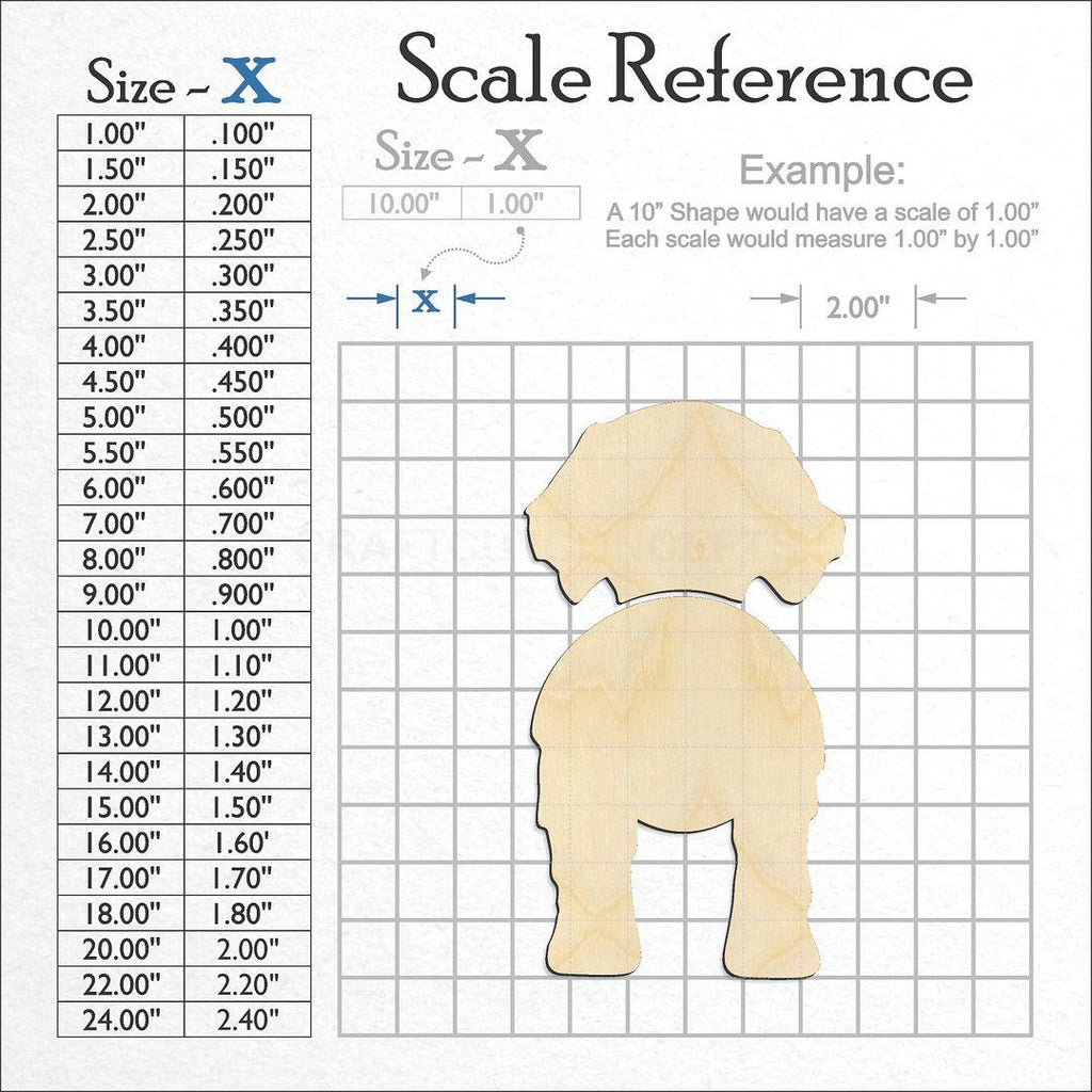 A scale and graph image showing a wood Golden Retriever craft blank