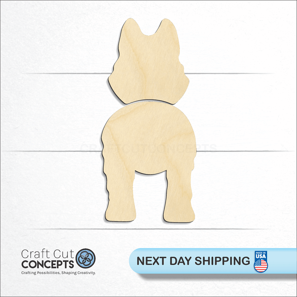 Craft Cut Concepts logo and next day shipping banner with an unfinished wood Husky craft shape and blank