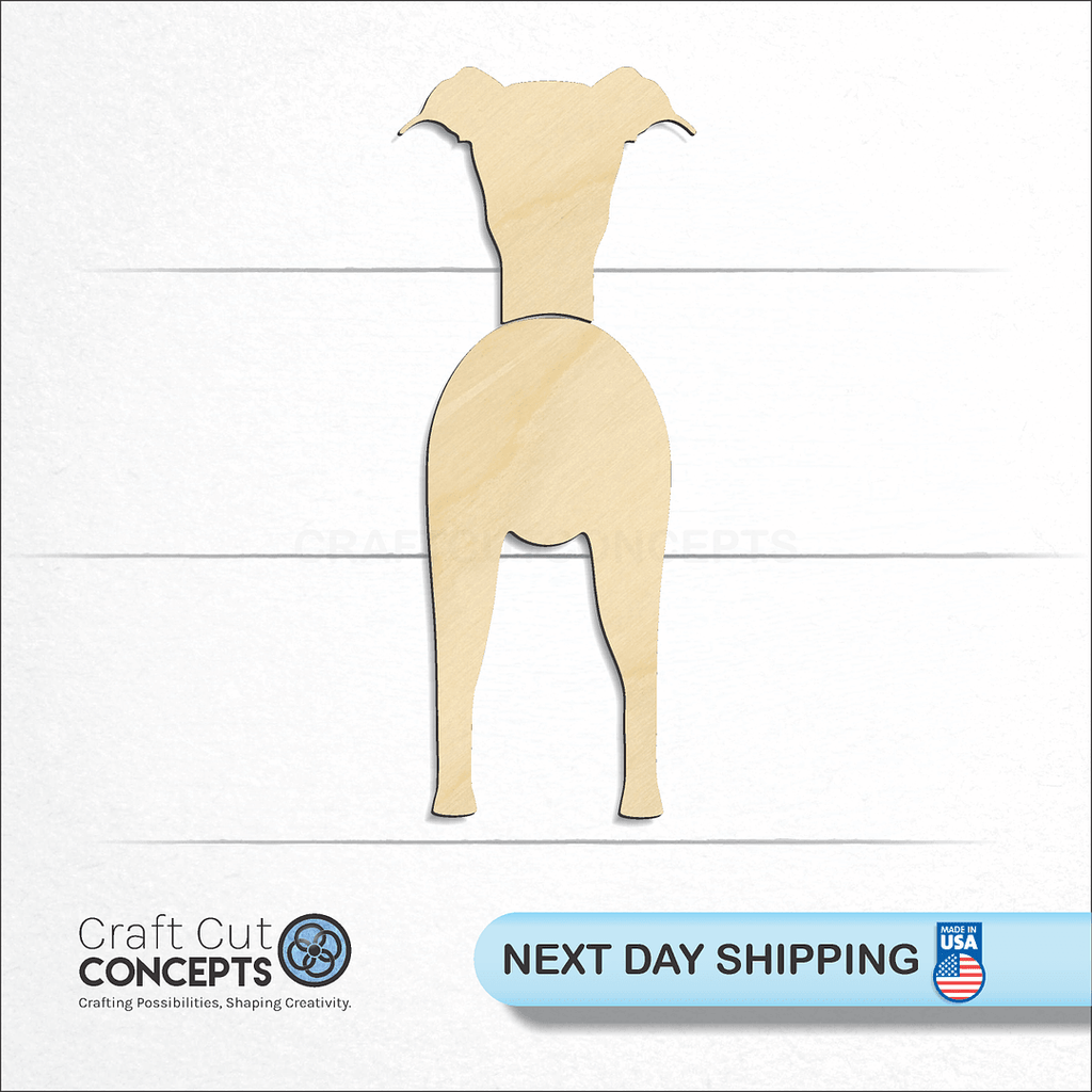 Craft Cut Concepts logo and next day shipping banner with an unfinished wood Italian Greyhound craft shape and blank