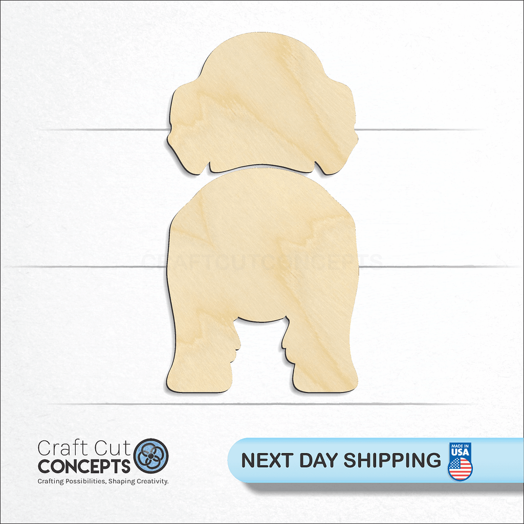 Craft Cut Concepts logo and next day shipping banner with an unfinished wood Labradoodle craft shape and blank