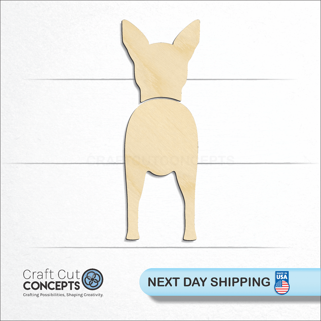 Craft Cut Concepts logo and next day shipping banner with an unfinished wood Miniature Pinscher craft shape and blank