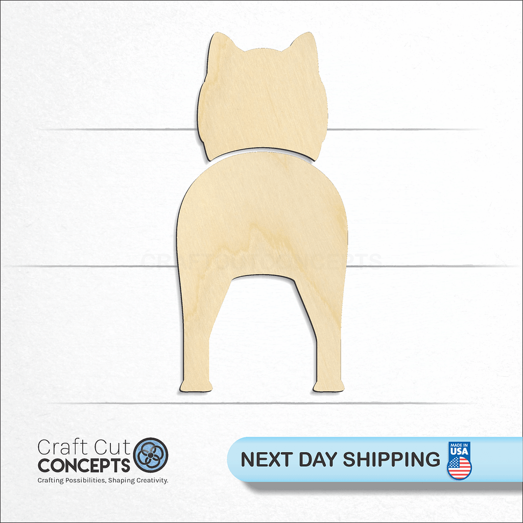 Craft Cut Concepts logo and next day shipping banner with an unfinished wood American Eskimo Dog craft shape and blank