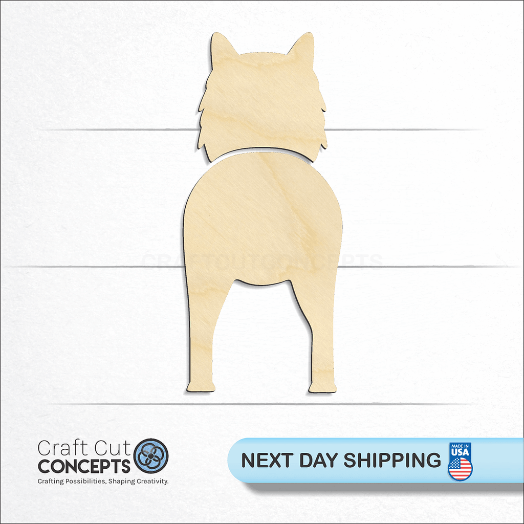 Craft Cut Concepts logo and next day shipping banner with an unfinished wood Norwegian Elkhound craft shape and blank