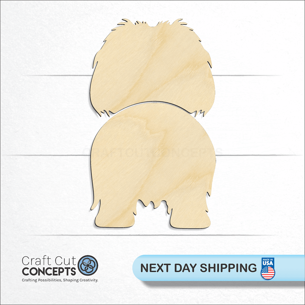 Craft Cut Concepts logo and next day shipping banner with an unfinished wood Pekingese craft shape and blank