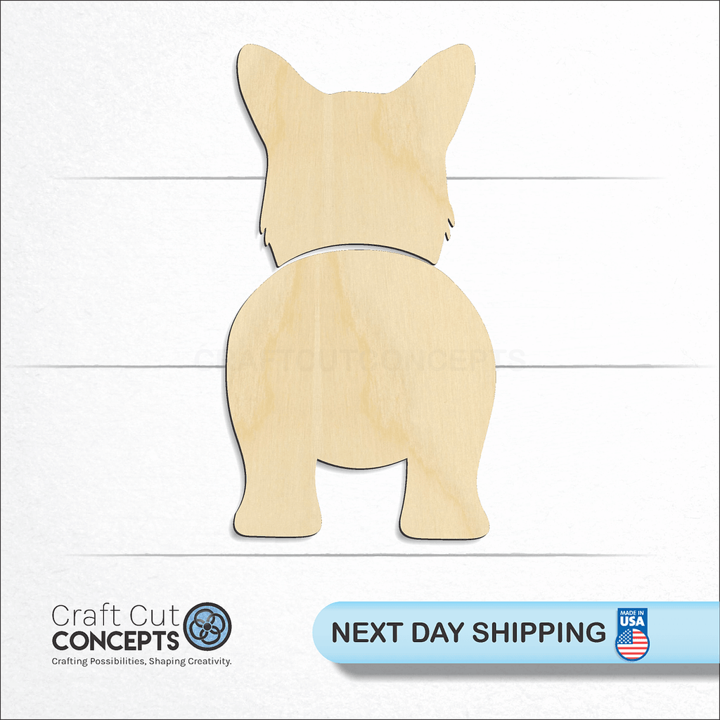 Craft Cut Concepts logo and next day shipping banner with an unfinished wood Pembroke Welsh Corgi craft shape and blank