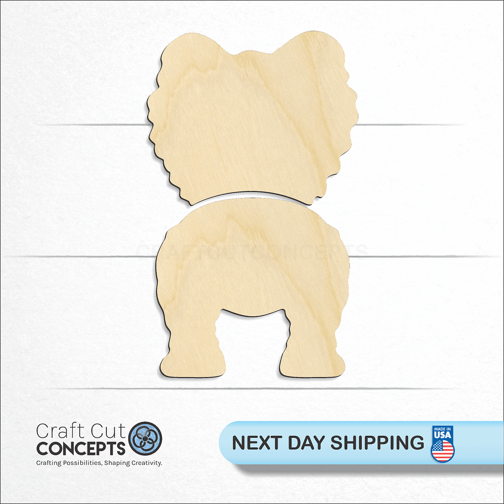 Craft Cut Concepts logo and next day shipping banner with an unfinished wood Pomerian craft shape and blank