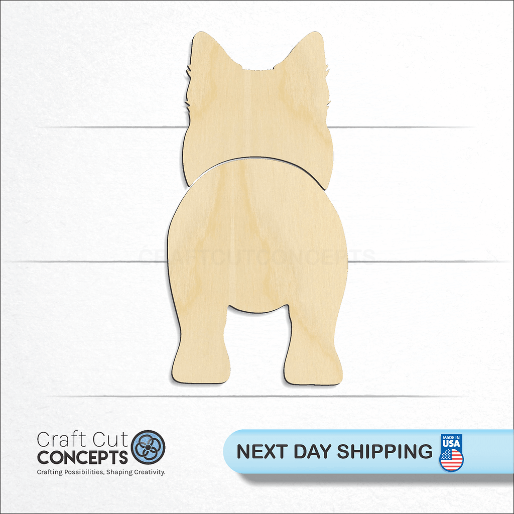 Craft Cut Concepts logo and next day shipping banner with an unfinished wood Pomsky craft shape and blank