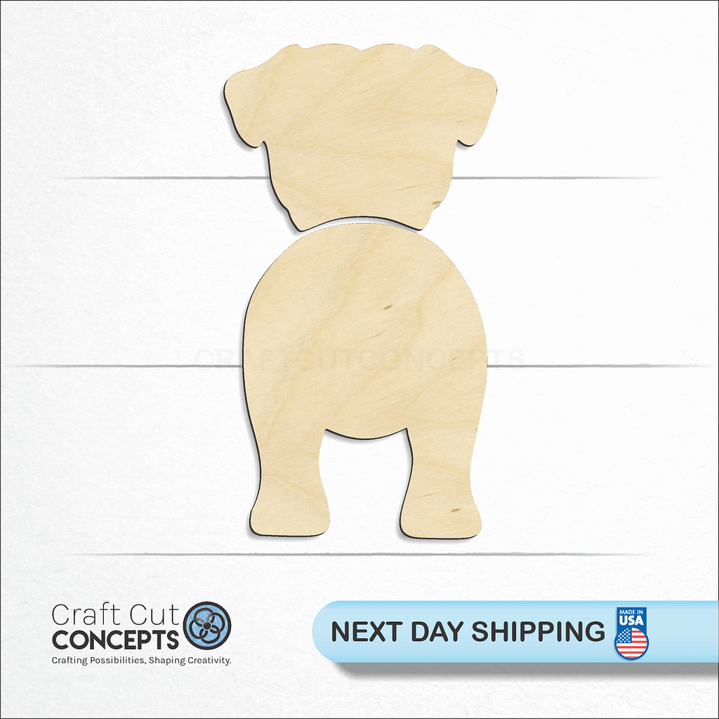 Craft Cut Concepts logo and next day shipping banner with an unfinished wood Pug craft shape and blank