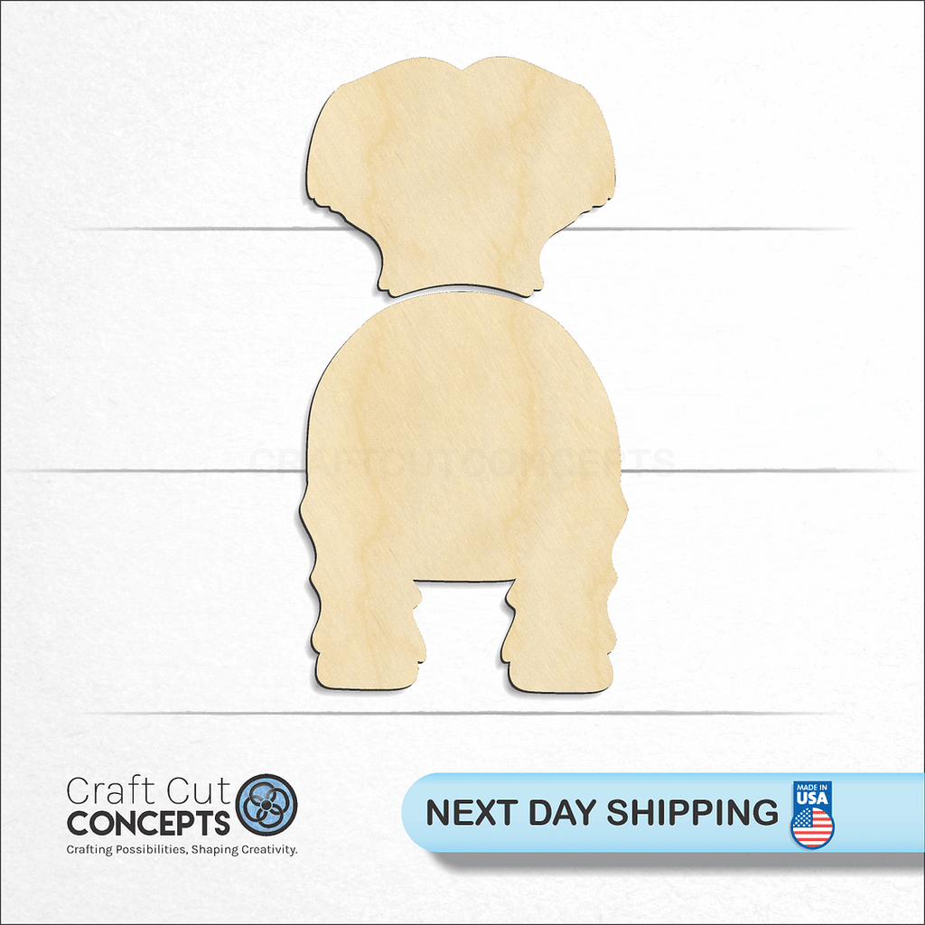 Craft Cut Concepts logo and next day shipping banner with an unfinished wood Pyrenean Shepherds craft shape and blank