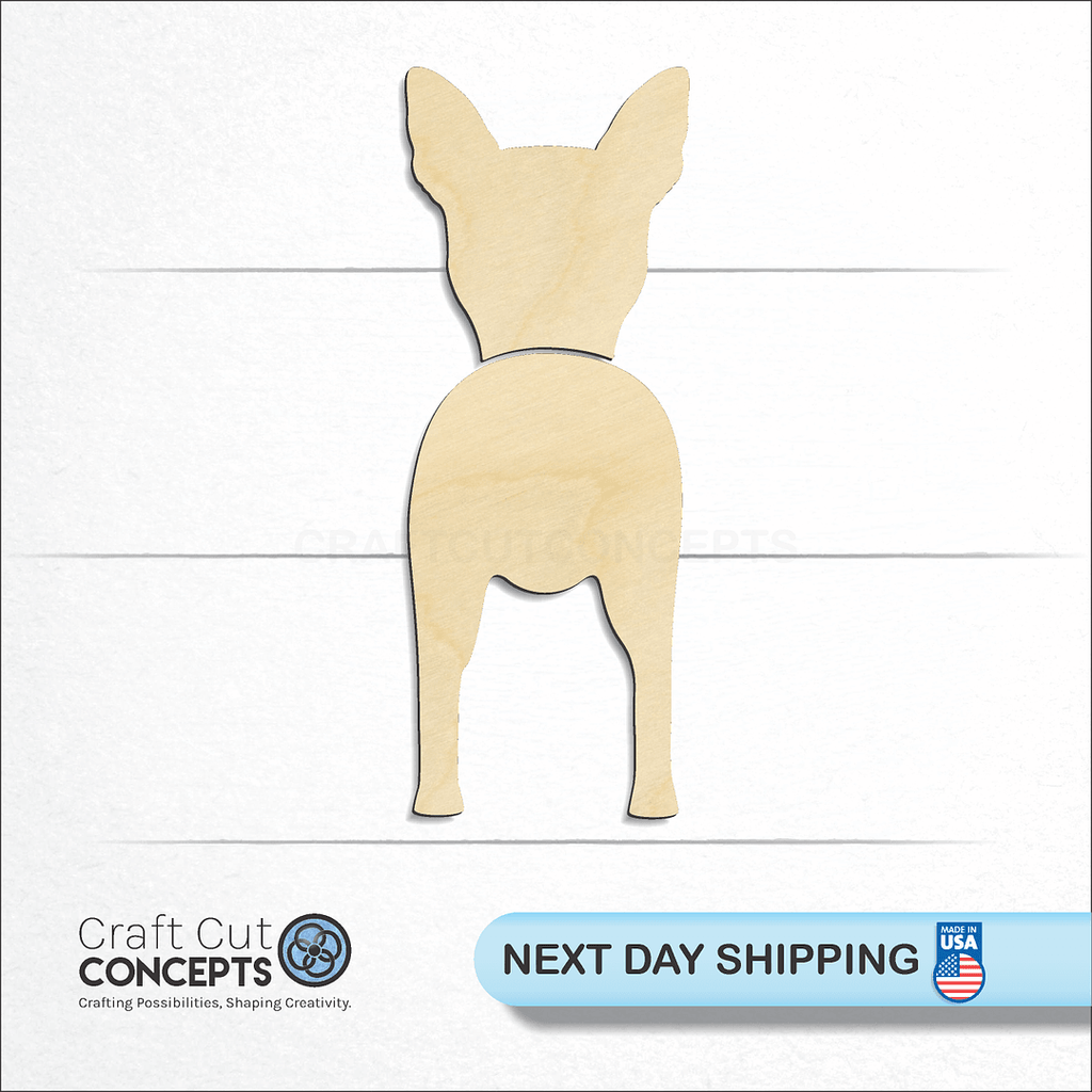 Craft Cut Concepts logo and next day shipping banner with an unfinished wood Rat Terrier craft shape and blank