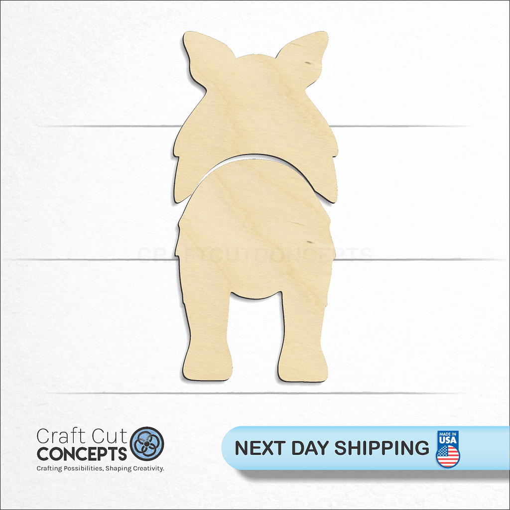 Craft Cut Concepts logo and next day shipping banner with an unfinished wood Shetland Sheepdog craft shape and blank