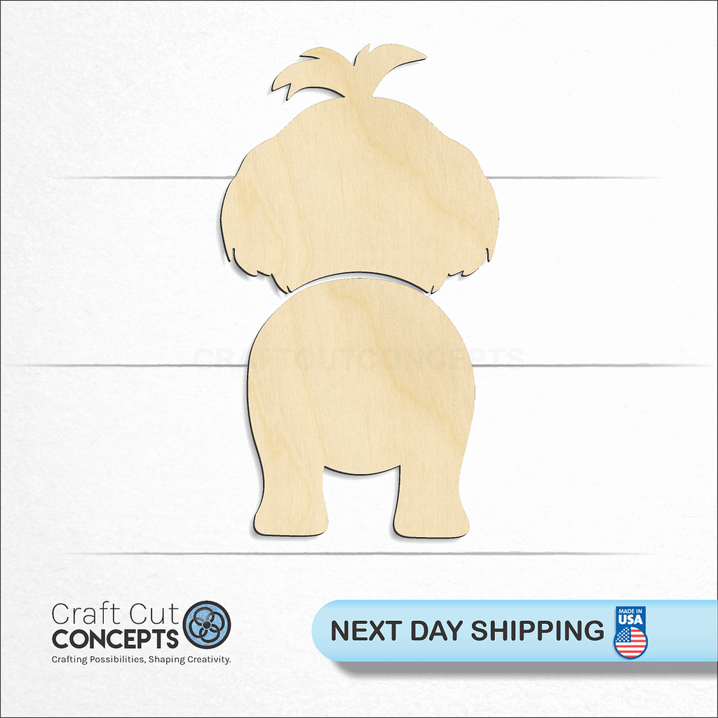 Craft Cut Concepts logo and next day shipping banner with an unfinished wood Shih Tzu craft shape and blank