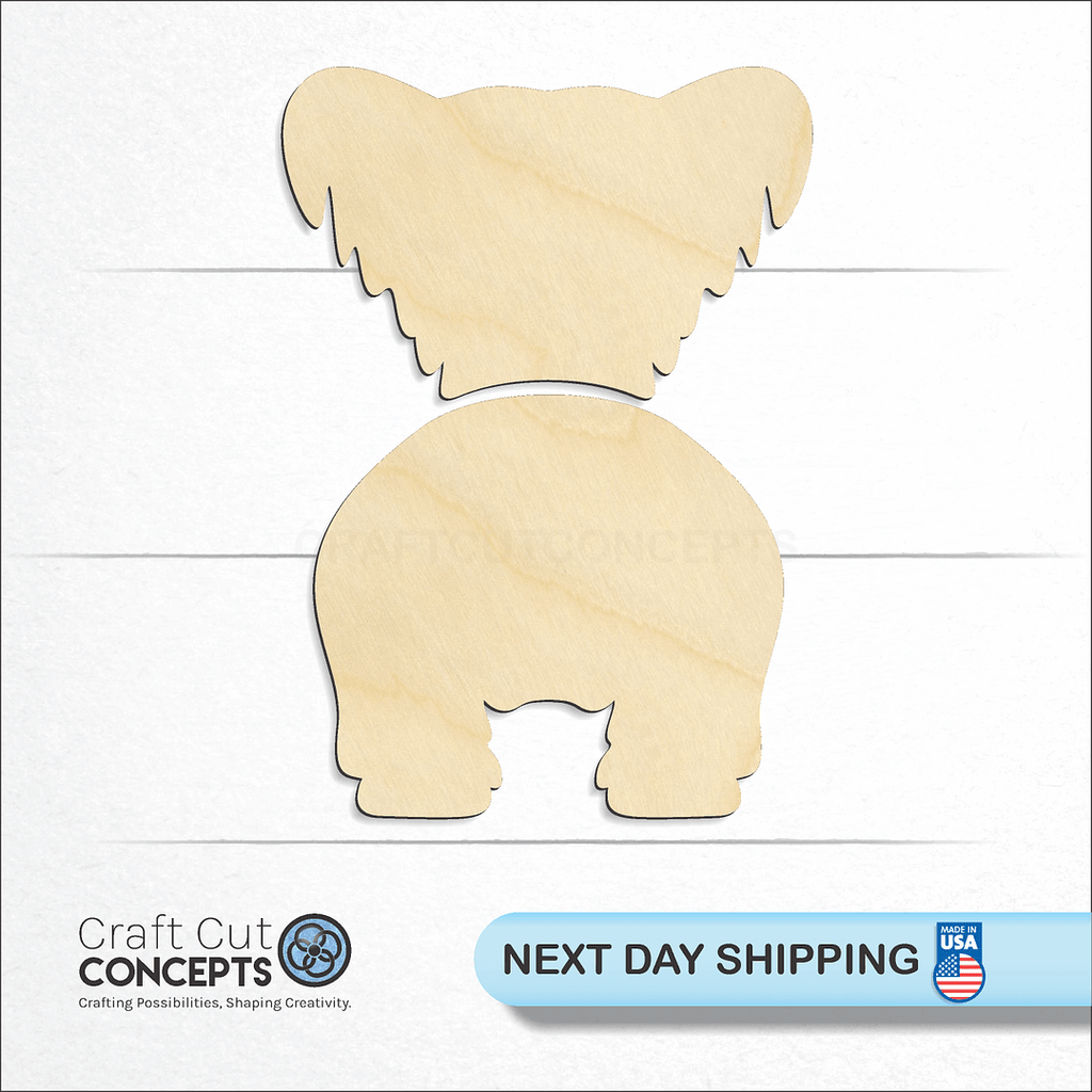 Craft Cut Concepts logo and next day shipping banner with an unfinished wood Skie Terrier craft shape and blank