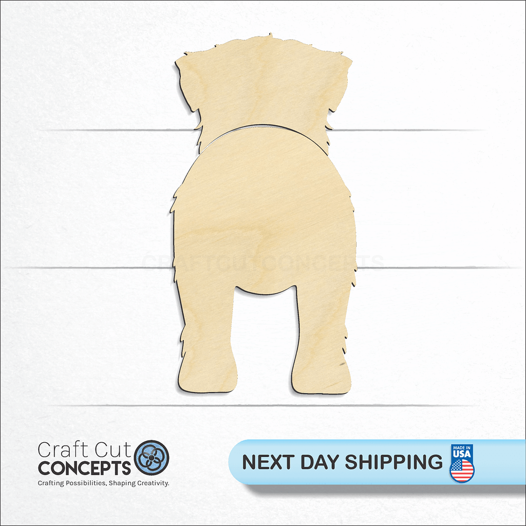 Craft Cut Concepts logo and next day shipping banner with an unfinished wood Soft Coated Wheaten Terrier craft shape and blank