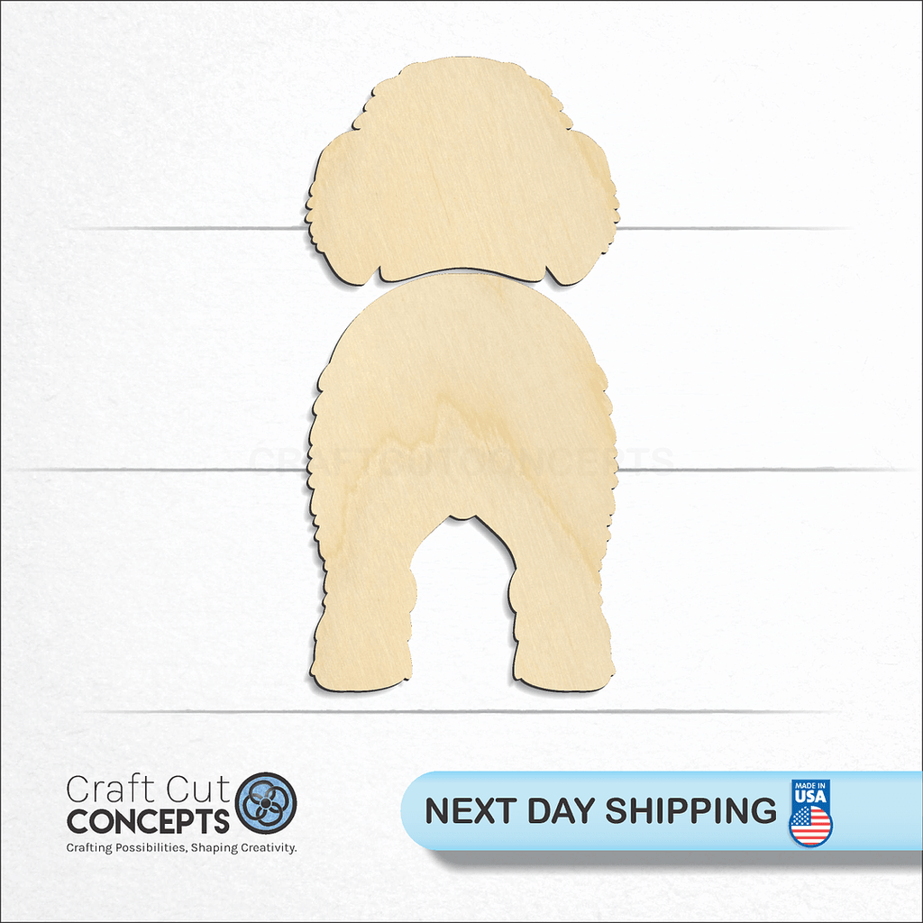 Craft Cut Concepts logo and next day shipping banner with an unfinished wood Spanish Water Dog craft shape and blank