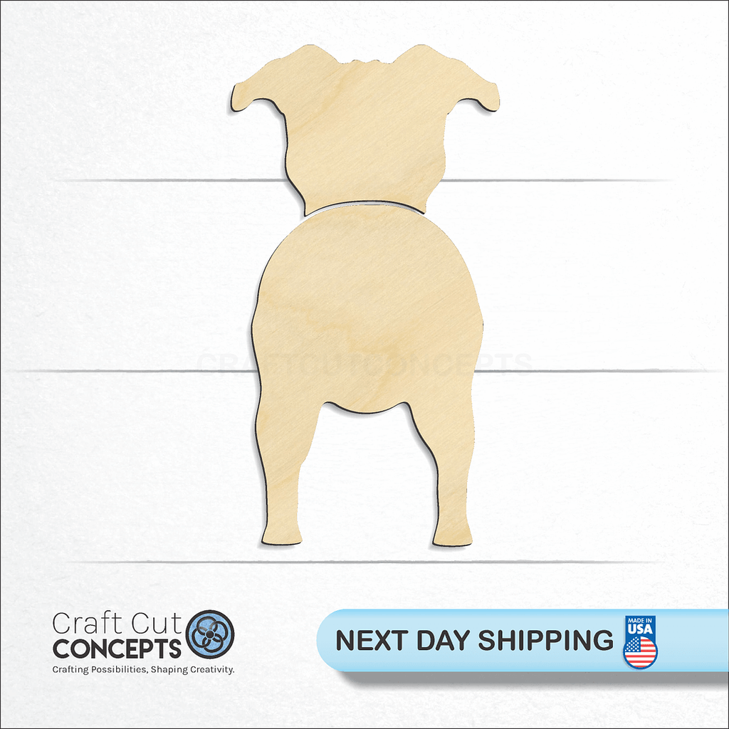 Craft Cut Concepts logo and next day shipping banner with an unfinished wood Staffordshire Bull Terrier craft shape and blank