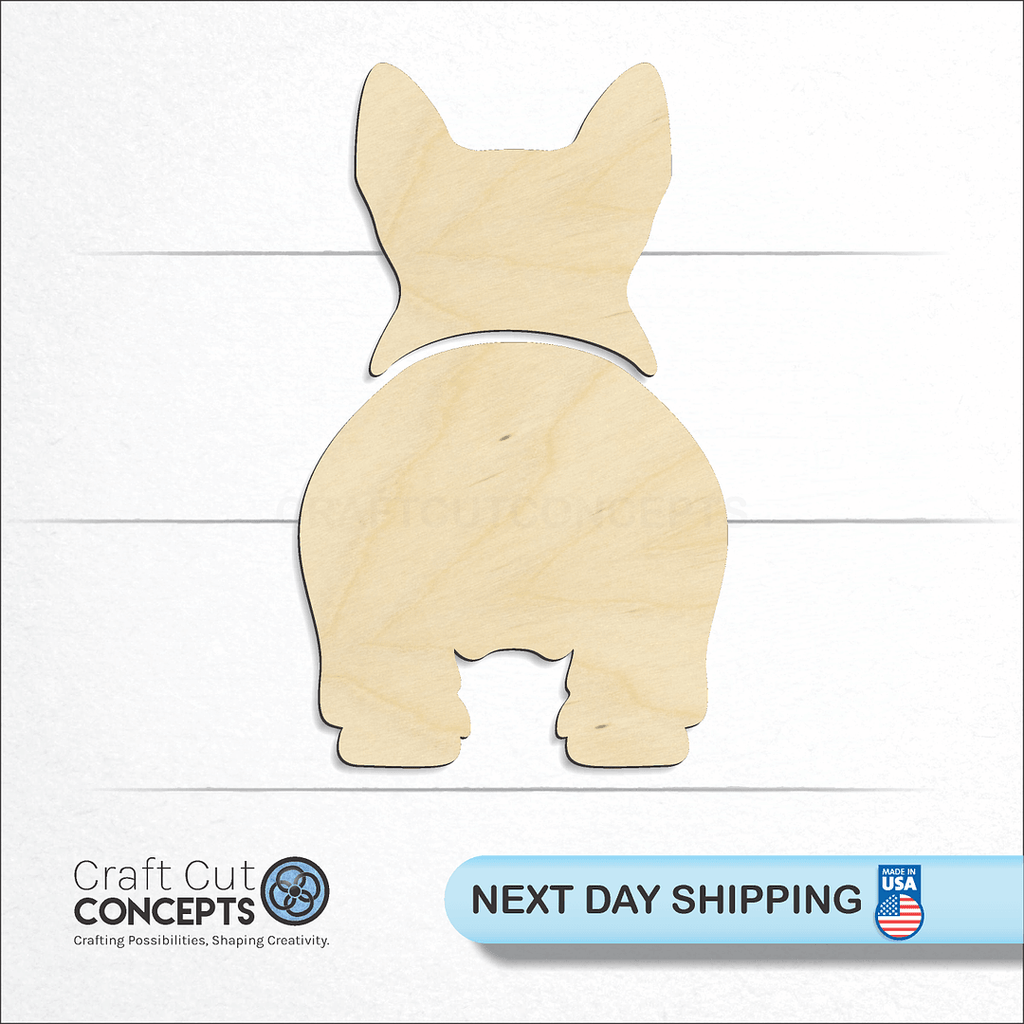 Craft Cut Concepts logo and next day shipping banner with an unfinished wood Swedish Vallhund craft shape and blank