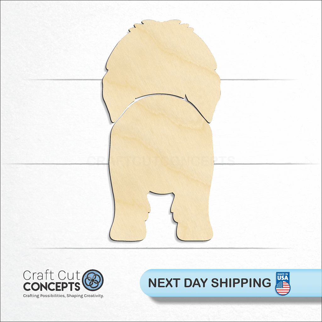 Craft Cut Concepts logo and next day shipping banner with an unfinished wood Tibetan Mastiff craft shape and blank