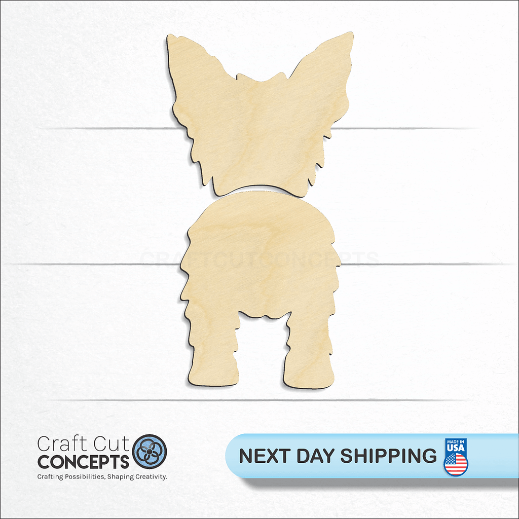 Craft Cut Concepts logo and next day shipping banner with an unfinished wood Yorkshire Terrier craft shape and blank