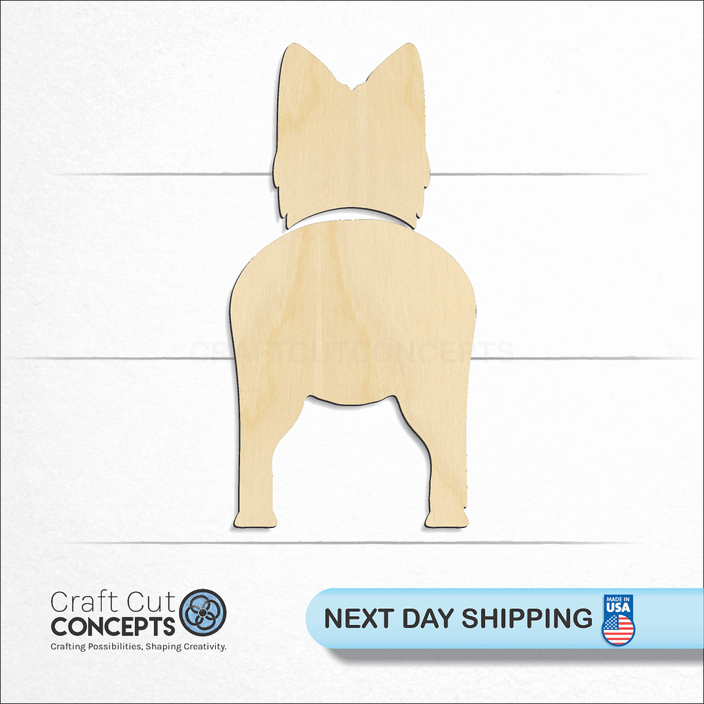 Craft Cut Concepts logo and next day shipping banner with an unfinished wood Australian Terrier craft shape and blank