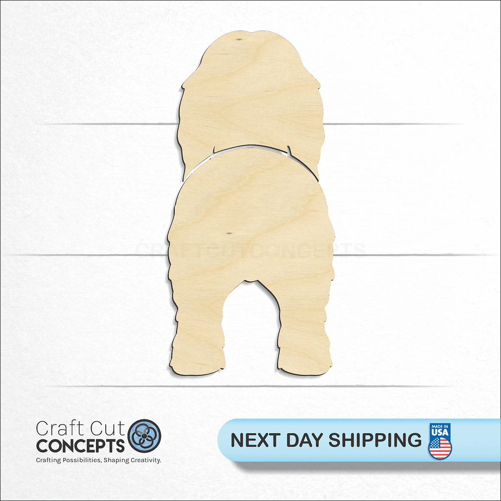 Craft Cut Concepts logo and next day shipping banner with an unfinished wood Bearded Collie craft shape and blank