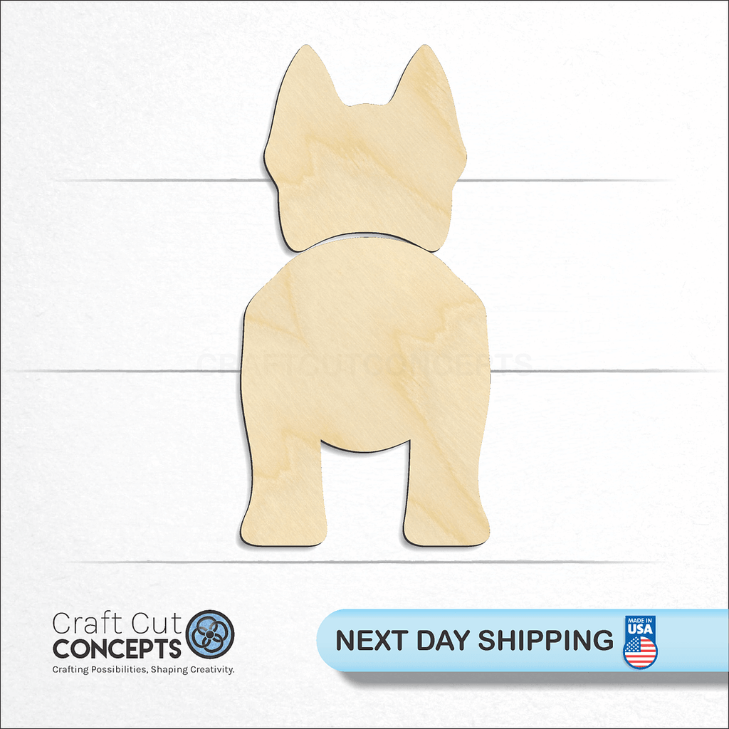 Craft Cut Concepts logo and next day shipping banner with an unfinished wood Blue Heeler craft shape and blank