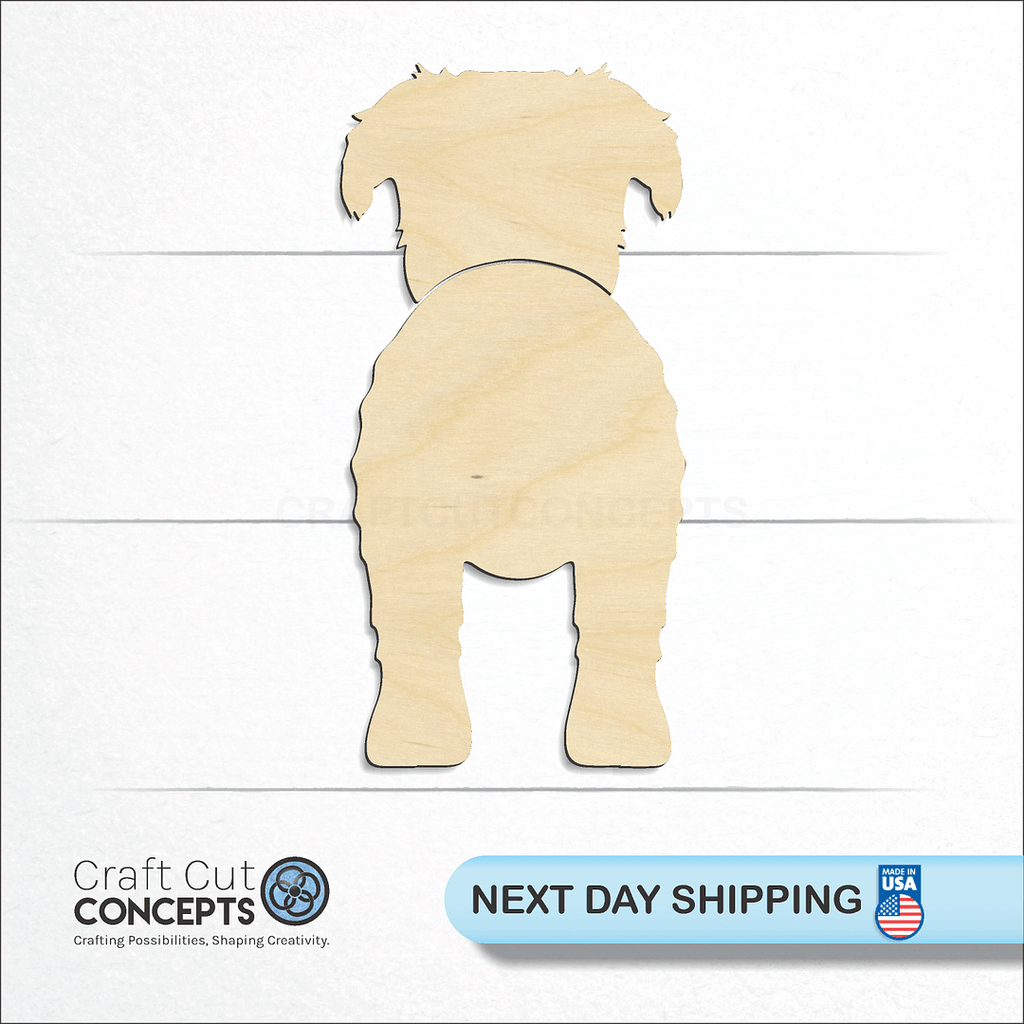 Craft Cut Concepts logo and next day shipping banner with an unfinished wood Bouvier des Flandres craft shape and blank