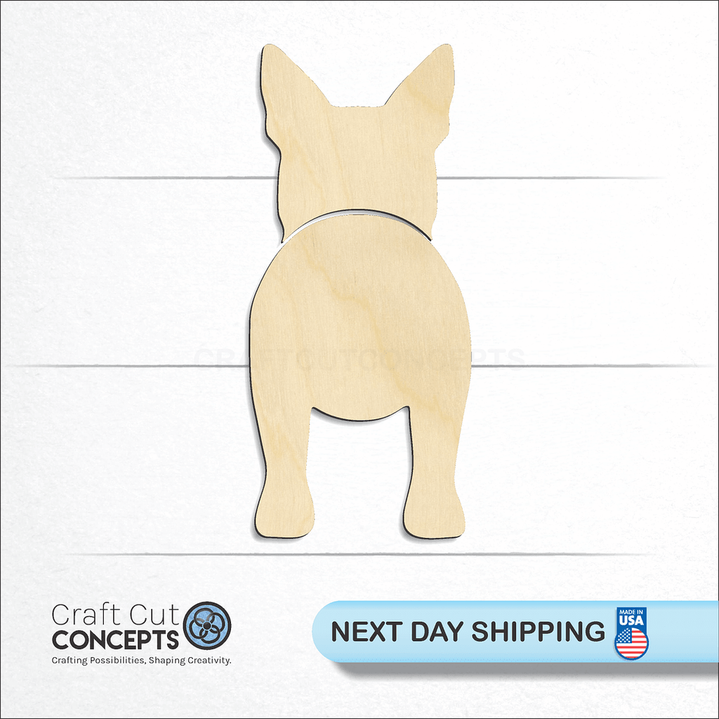 Craft Cut Concepts logo and next day shipping banner with an unfinished wood Bull Terrier craft shape and blank