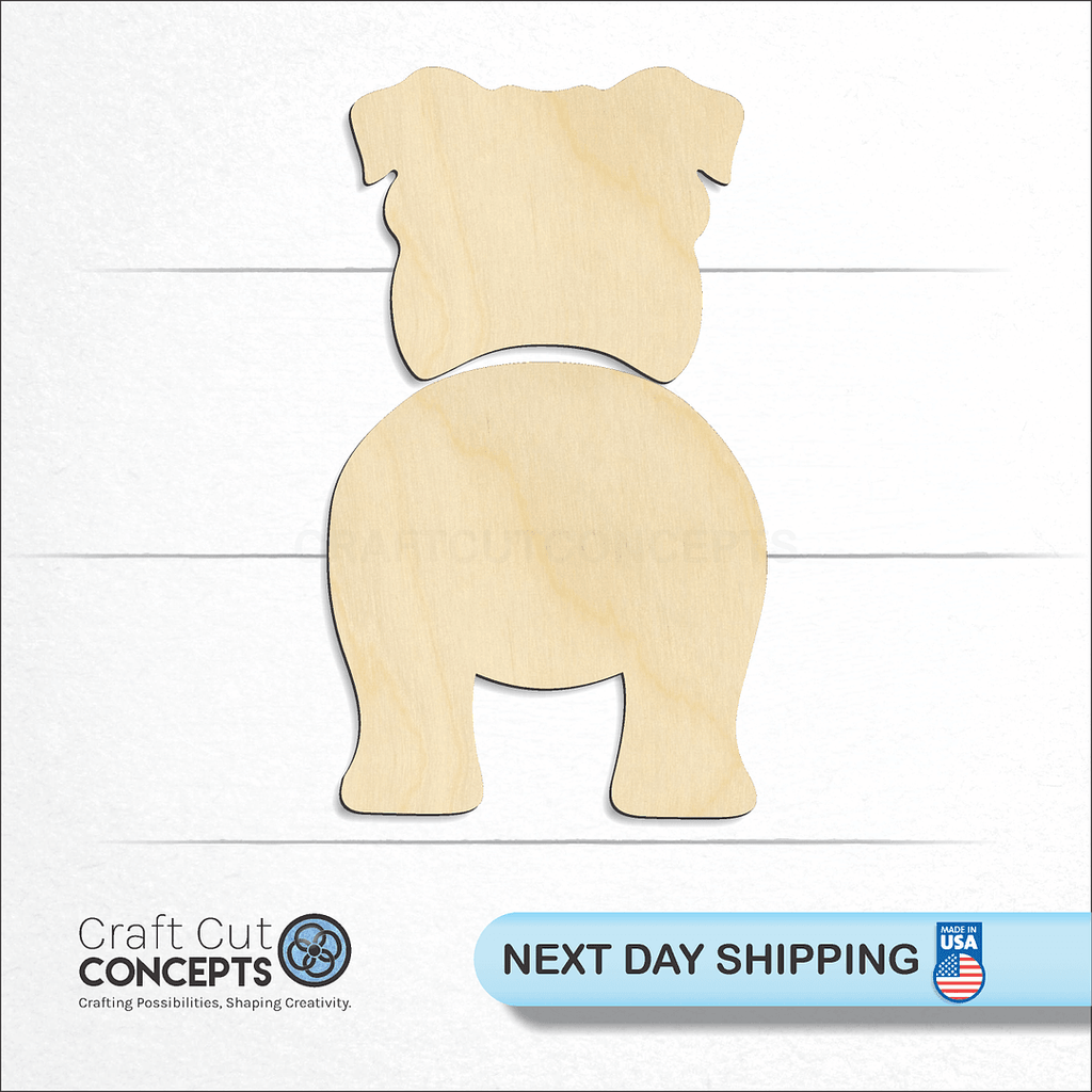 Craft Cut Concepts logo and next day shipping banner with an unfinished wood Bulldog craft shape and blank