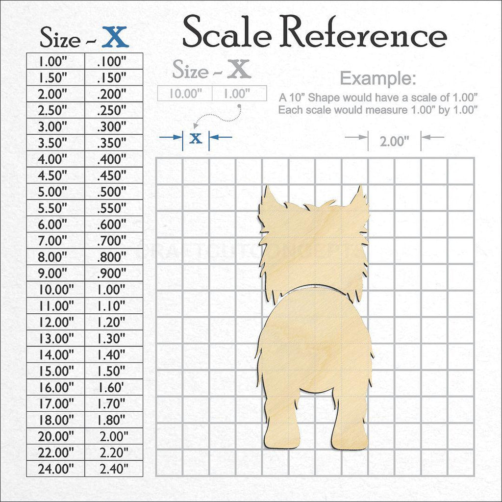 A scale and graph image showing a wood Cairn Terrier craft blank