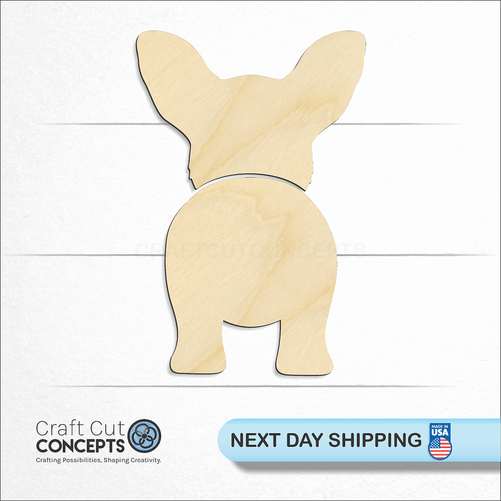 Craft Cut Concepts logo and next day shipping banner with an unfinished wood Cardigan Welsh Corgi craft shape and blank